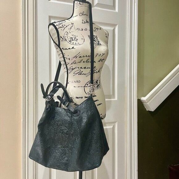 STELLA BIANCA SATCHEL CROSSBODY BAG MADE IN ITALY TOOLED EMBOSSED BLACK LEATHER - Picture 7 of 13